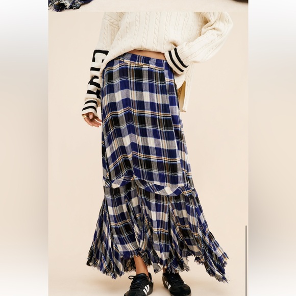 Free People Dresses & Skirts - Free People Bordeaux Maxi Skirt  Navy Plaid 90s Grunge M asymmetrical Frayed Hem